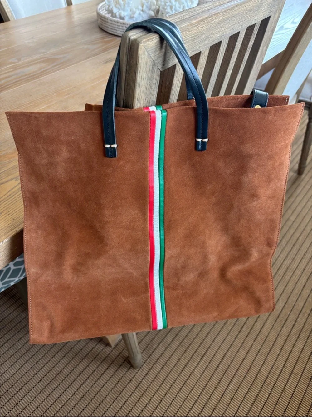 Clare V. Simple Tote Brown Suede with Tricolor Center Stripe